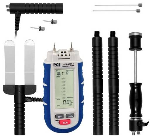 Handheld vochtigheidsmeter set met display, sensorsonden en verwisselbare bijlagen voor het testen van hout of bouwmaterialen.