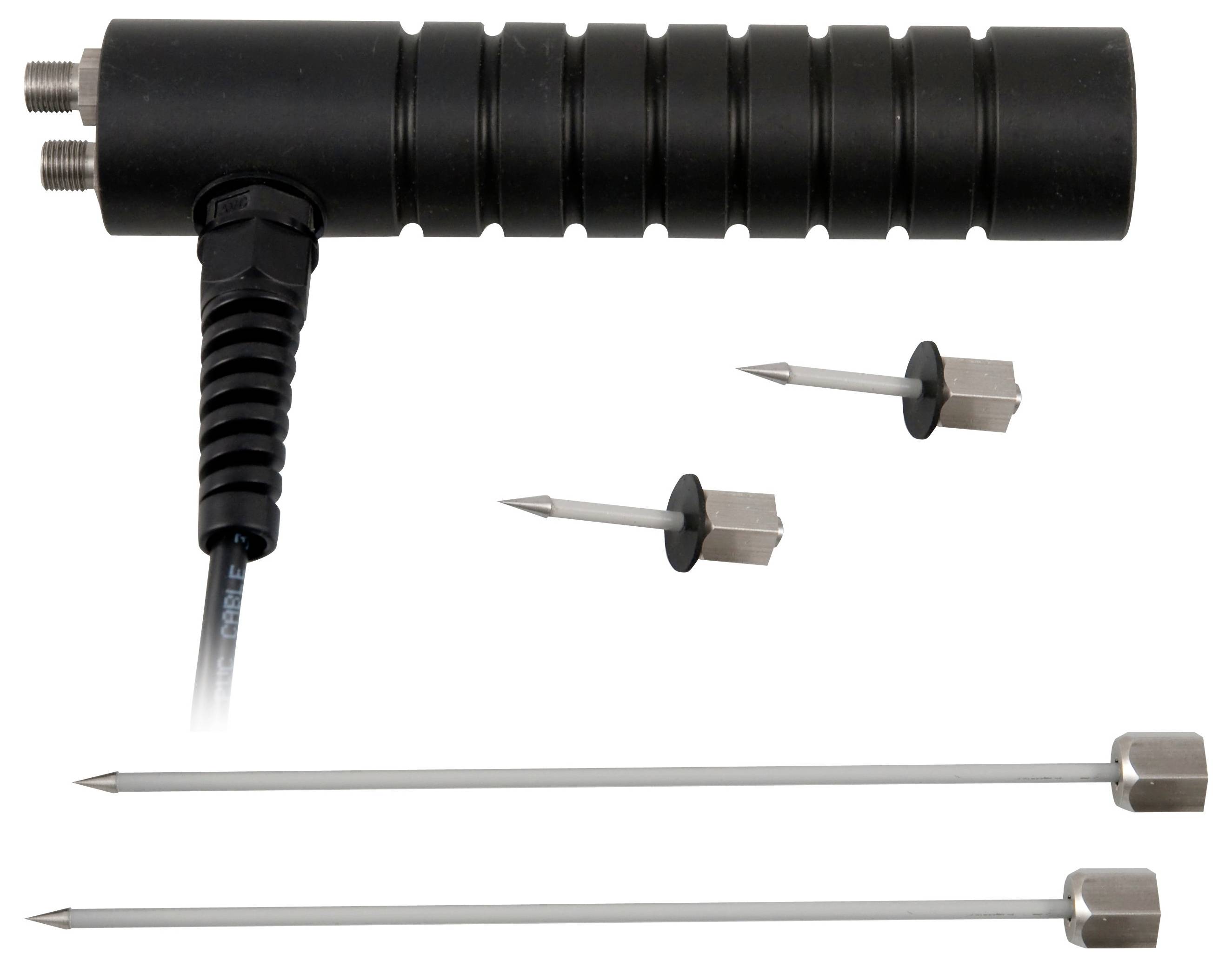 Zwarte cilindrische ultrasonische sensor met kabel en twee bevestigingsstudden, afgebeeld met metalen pennen/bevestigingsmiddelen van verschillende lengten op een witte achtergrond.