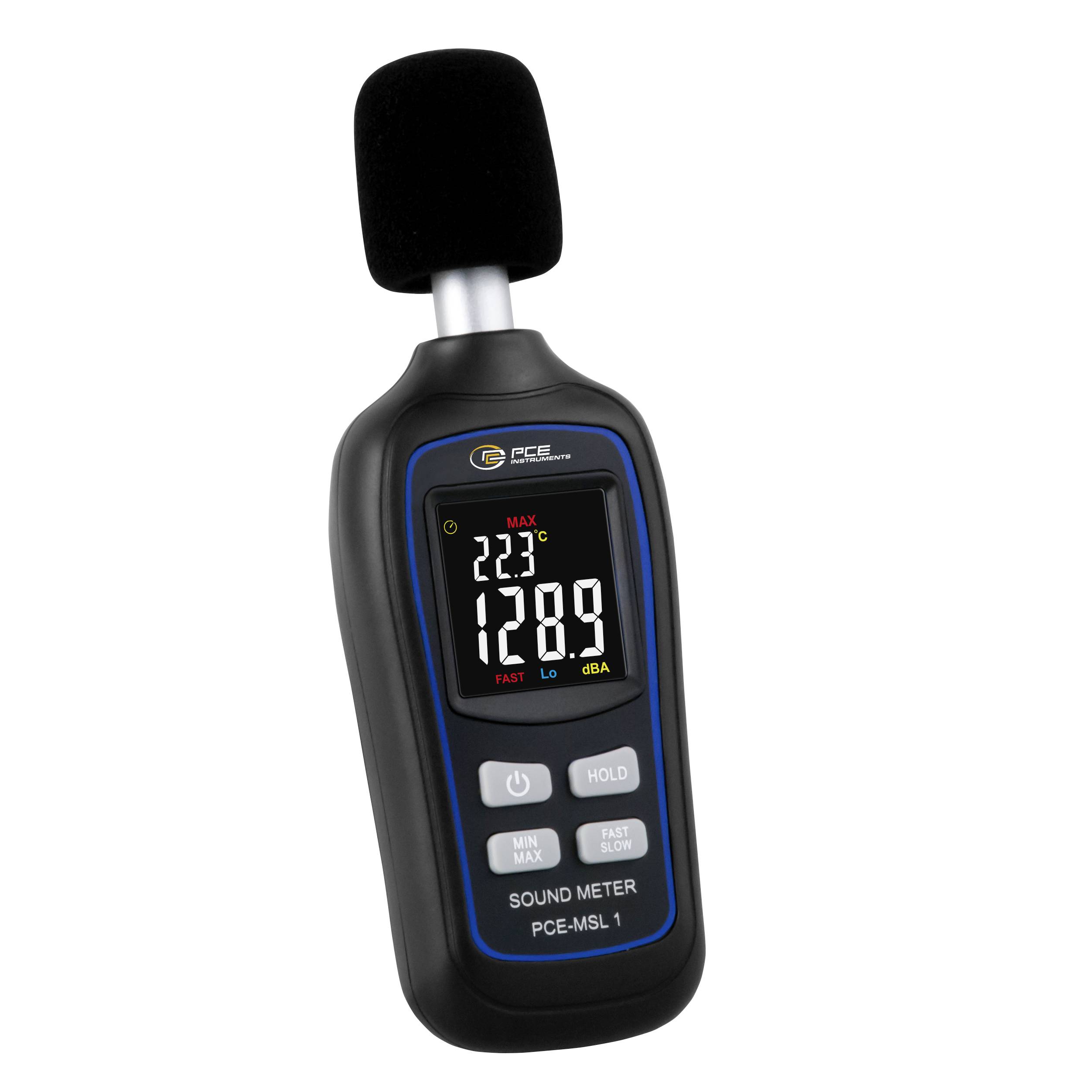 Draagbare geluidsniveaumeter met schuim microfoon met een weergave van 128,9 dBA en max 223 op het display.