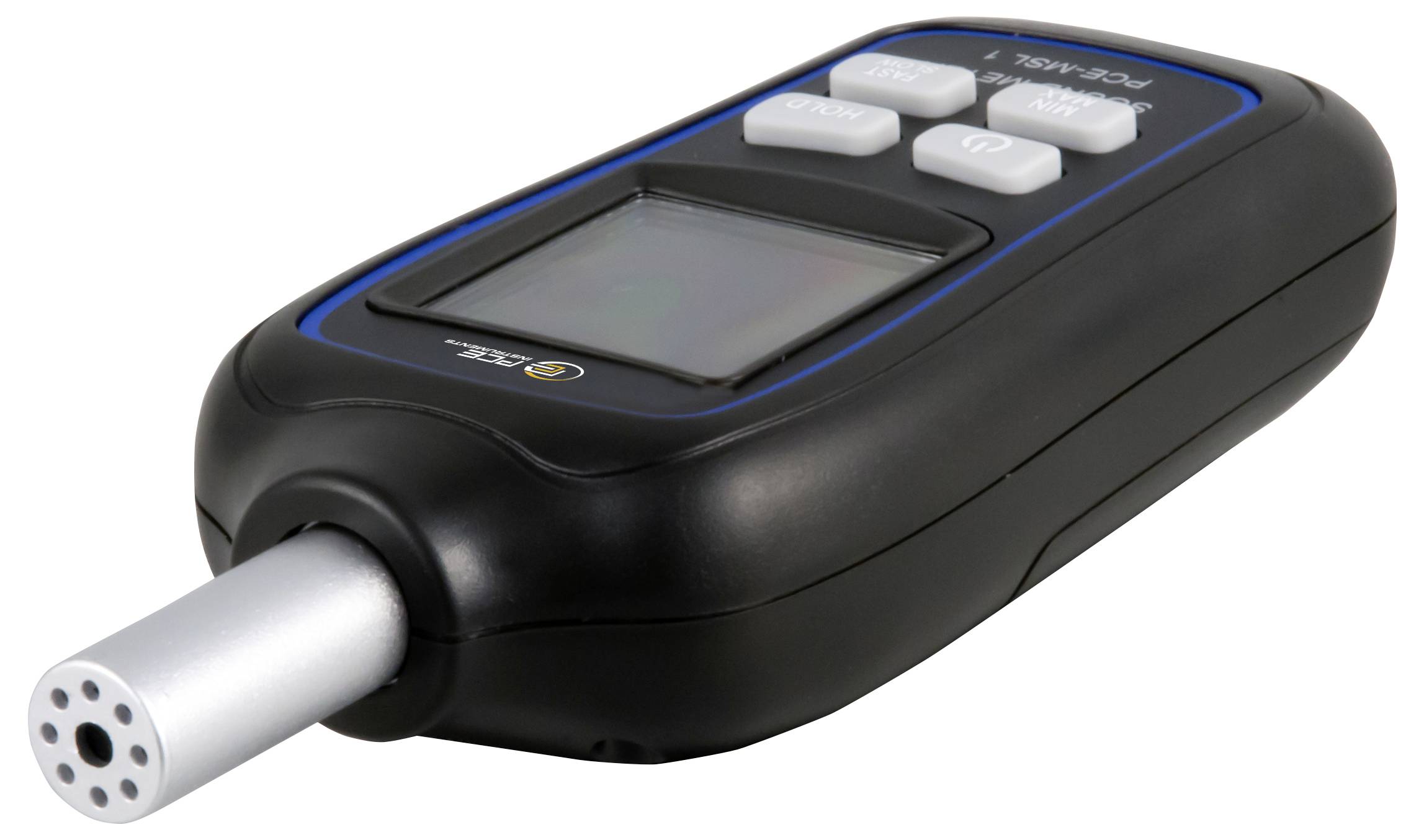 Handheld zwart elektronisch meetapparaat met een verlengde metalen probe en klein display, weergegeven op een witte achtergrond.