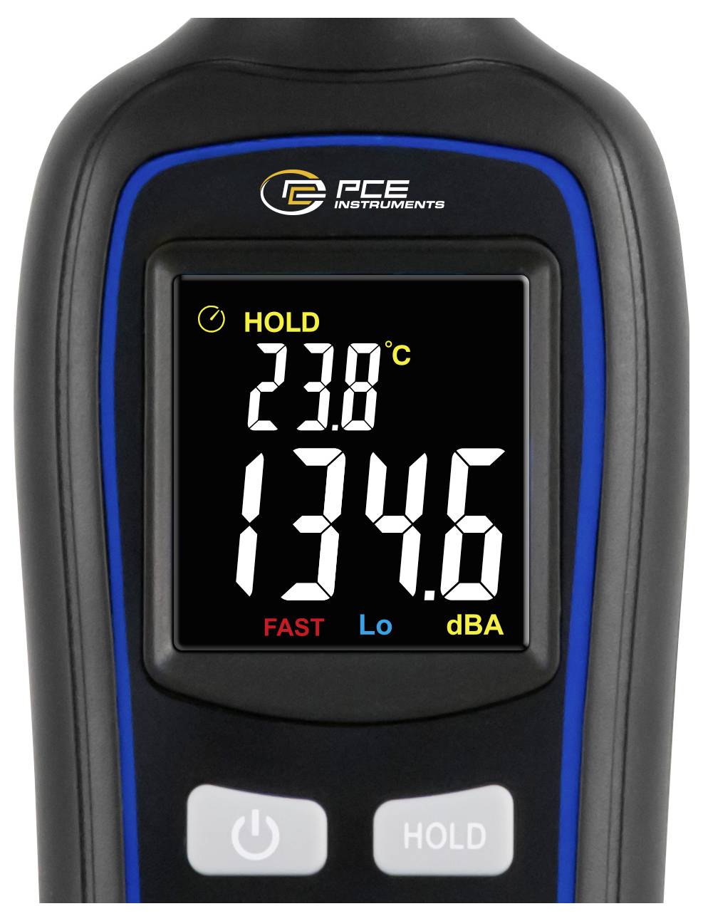 Handheld PCE Instrumenten metermeter display met HOLD, 23,8°C en geluidsniveau 134,6 dBA in snel, laag modus.