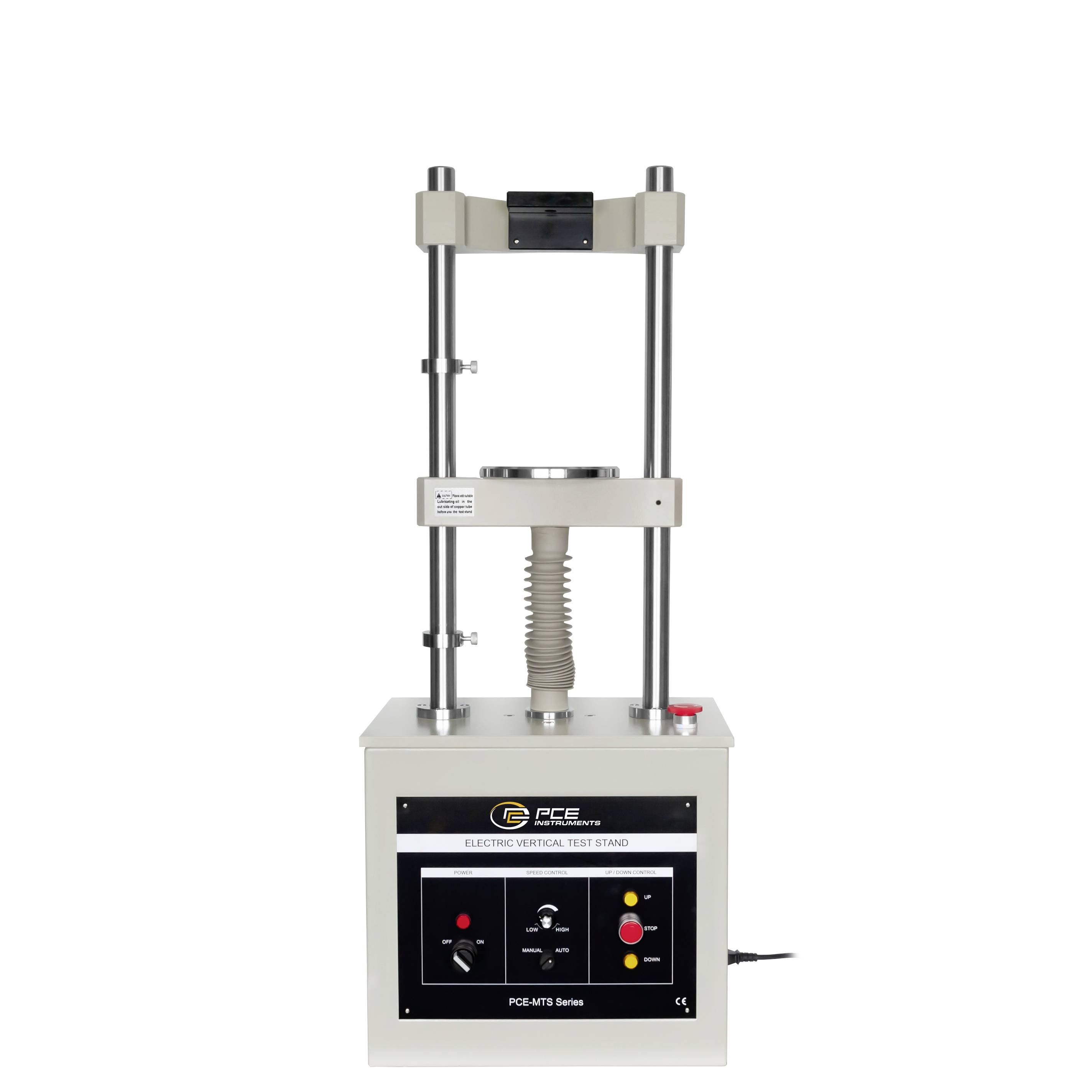 Elektrische verticale teststandmachine met een centraal verstelbare perskop en bedieningspaneel op een basiskast.