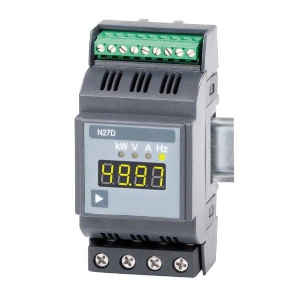 Digitaal paneelmeter met weergave van 49.97, gelabeld kW, V, A, Hz, met schroefklemmen aan boven- en onderkant.