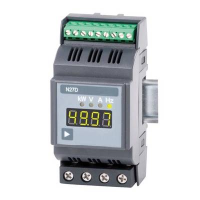 Digitaal paneelmeter met weergave van 49.97, gelabeld kW, V, A, Hz, met schroefklemmen aan boven- en onderkant.