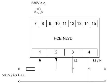 Bedrading diagram voor PCE-N27D relais, met 230V AC voeding, terminals 1–15 en L1/L2-N aansluitingen met een 500V/63A AC lijn.