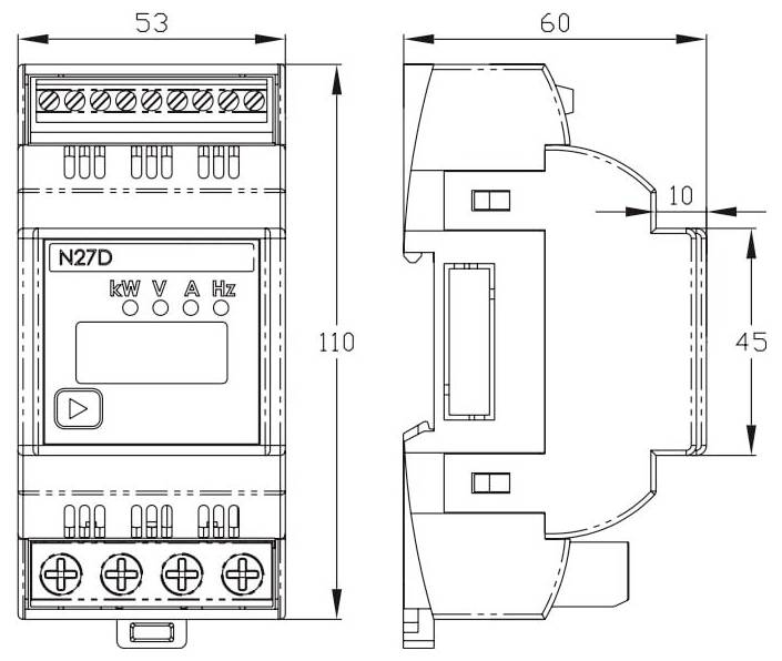Technische tekening van een DIN-rail elektrische module gelabeld 'N27D', met voor- en zijkanten met afmetingen 53, 60, 110, 10 en 45 mm.