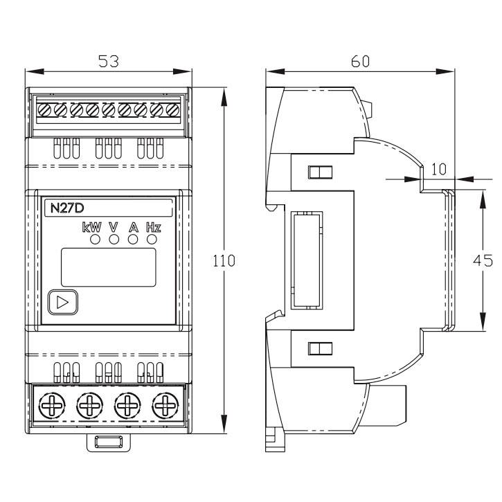 Technische tekening van een elektronisch apparaat met voor- en zijaanzicht. Afmetingen: hoogte 110 mm, breedte 53 mm, diepte 60 mm.
