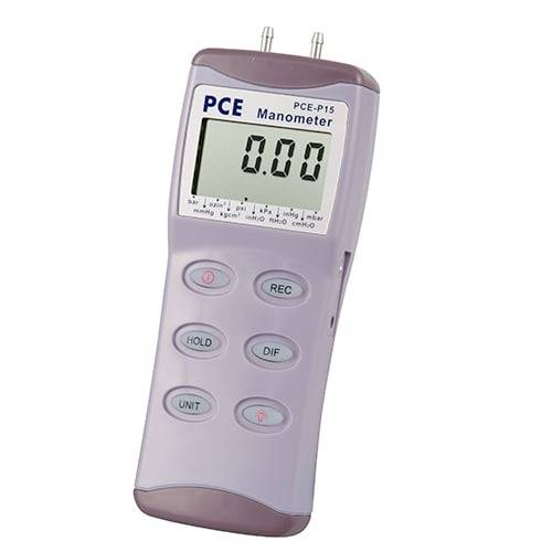 Draagbare PCE-manometer met een drukaanwijzing van 0,00, twee bovenste sensorpoorten en knoppen voor REC, HOLD, DIF en UNIT.