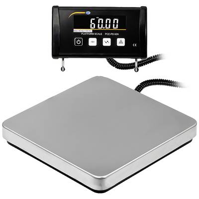 Elektronische platformweegschaal met digitaal display. Display toont '60,00'. Weegmechanisme zichtbaar, geschikt voor nauwkeurig wegen.
