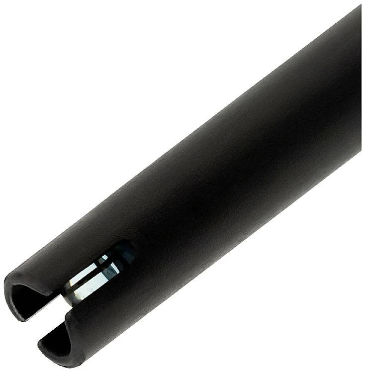 Een zwart, smal buisje met een klein, blauw glazen venster aan het uiteinde.
