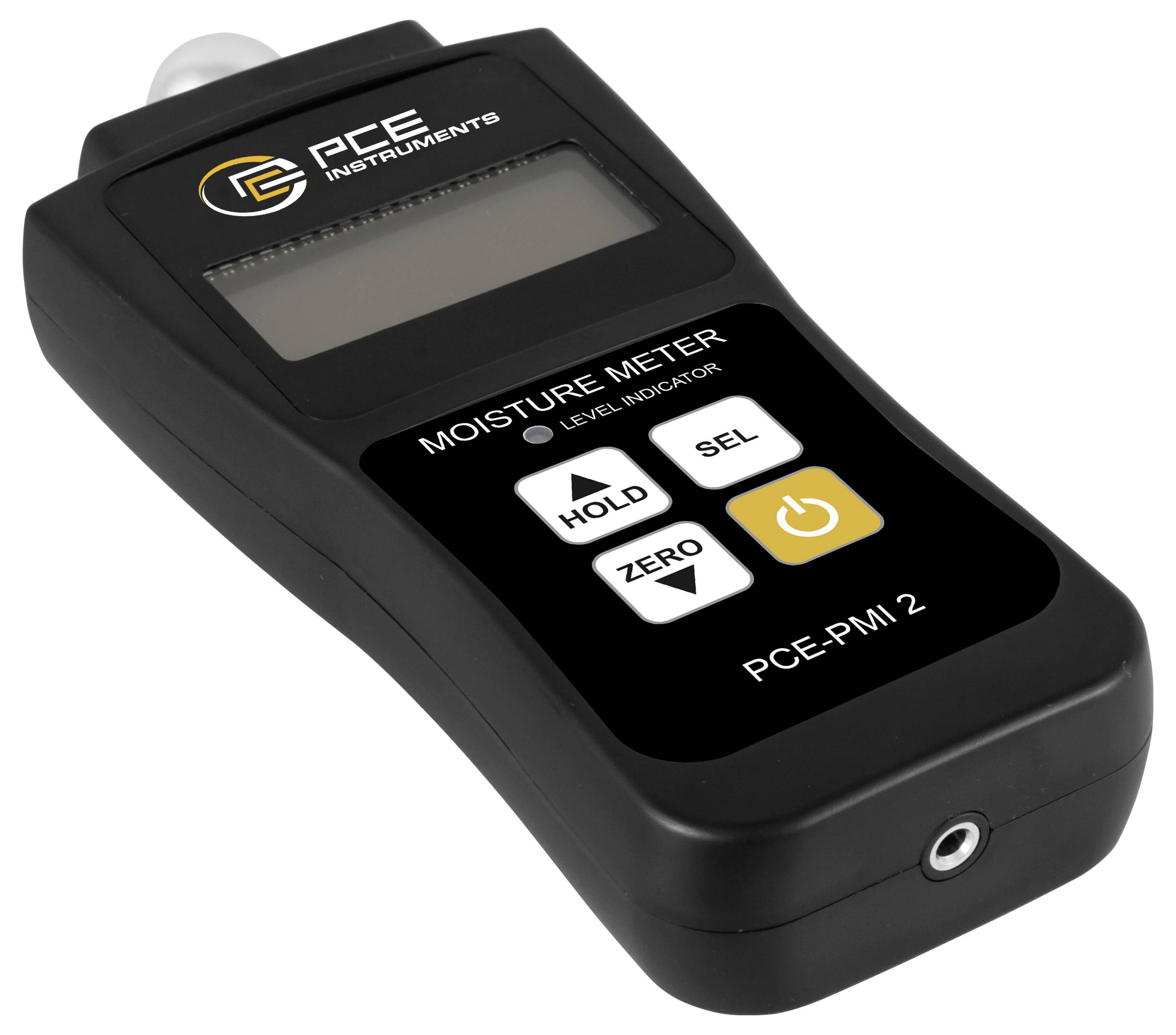 Draagbare vochtmeter van PCE Instruments met LCD-scherm en HOLD-, SEL-, ZERO- en voedingsknoppen.