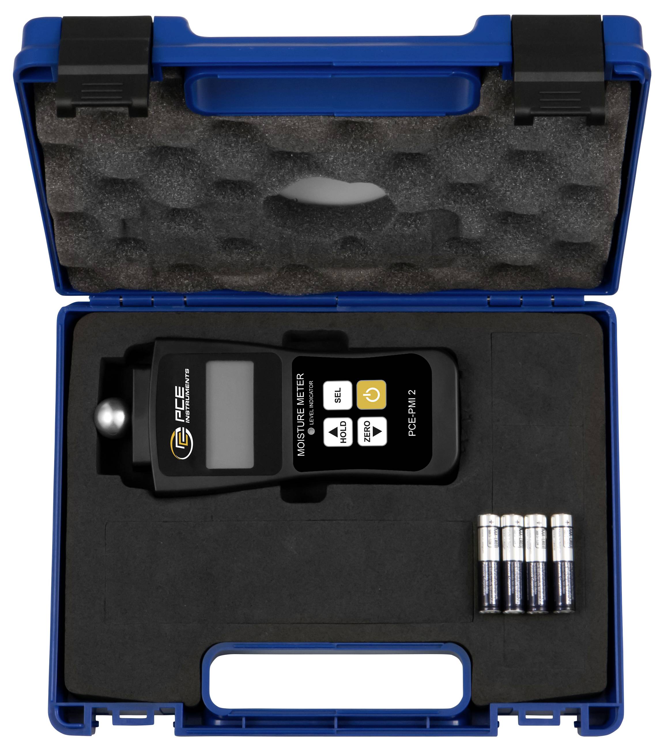 Open blauwe draagtas met schuimstof inleg met een handheld vochtmeter en vier batterijen.