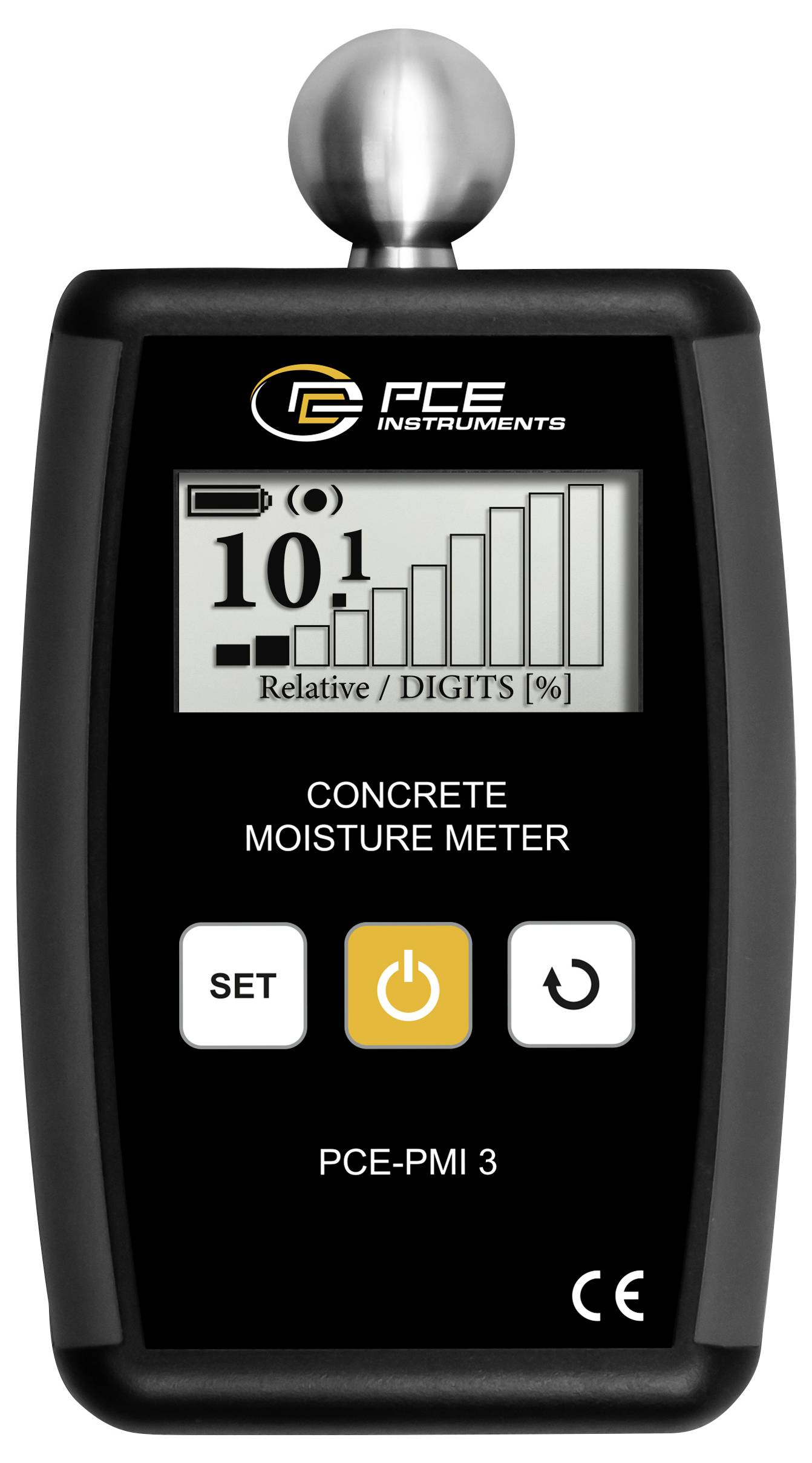 PCE Instruments vochtmeter voor beton, model PCE-PMI 3, met een relatieve vochtmeting van 10,1% op het display.