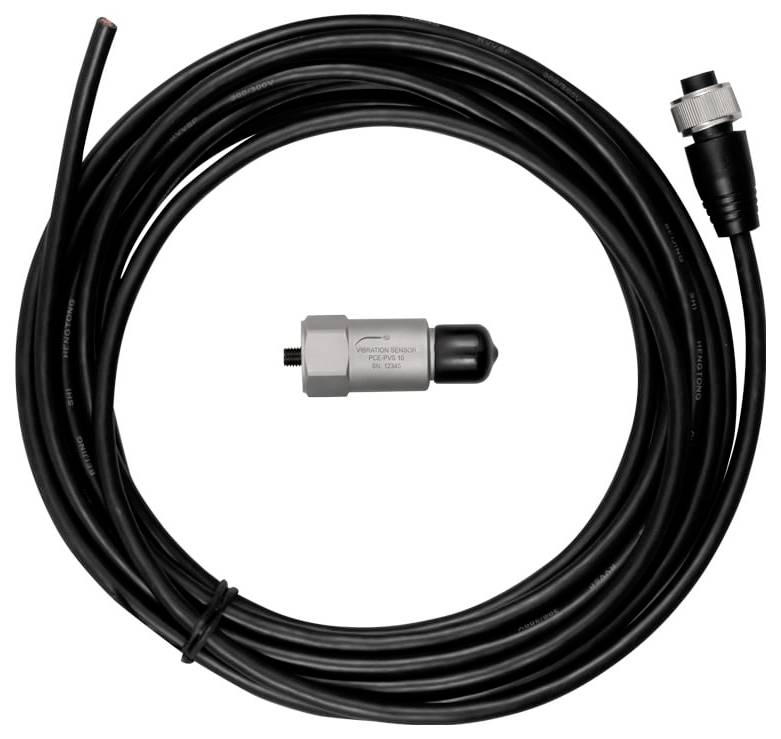 Opgerolde zwarte kabel met schroefdraadconnectoren en een kleine zilveren inline-sensor of adapter in het midden op een witte achtergrond.