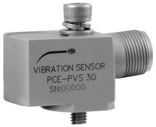 Grijze industriële trillingssensor met label 'VIBRATION SENSOR PCE-PVS 30' met schroefdraadverbinding en montagestift.