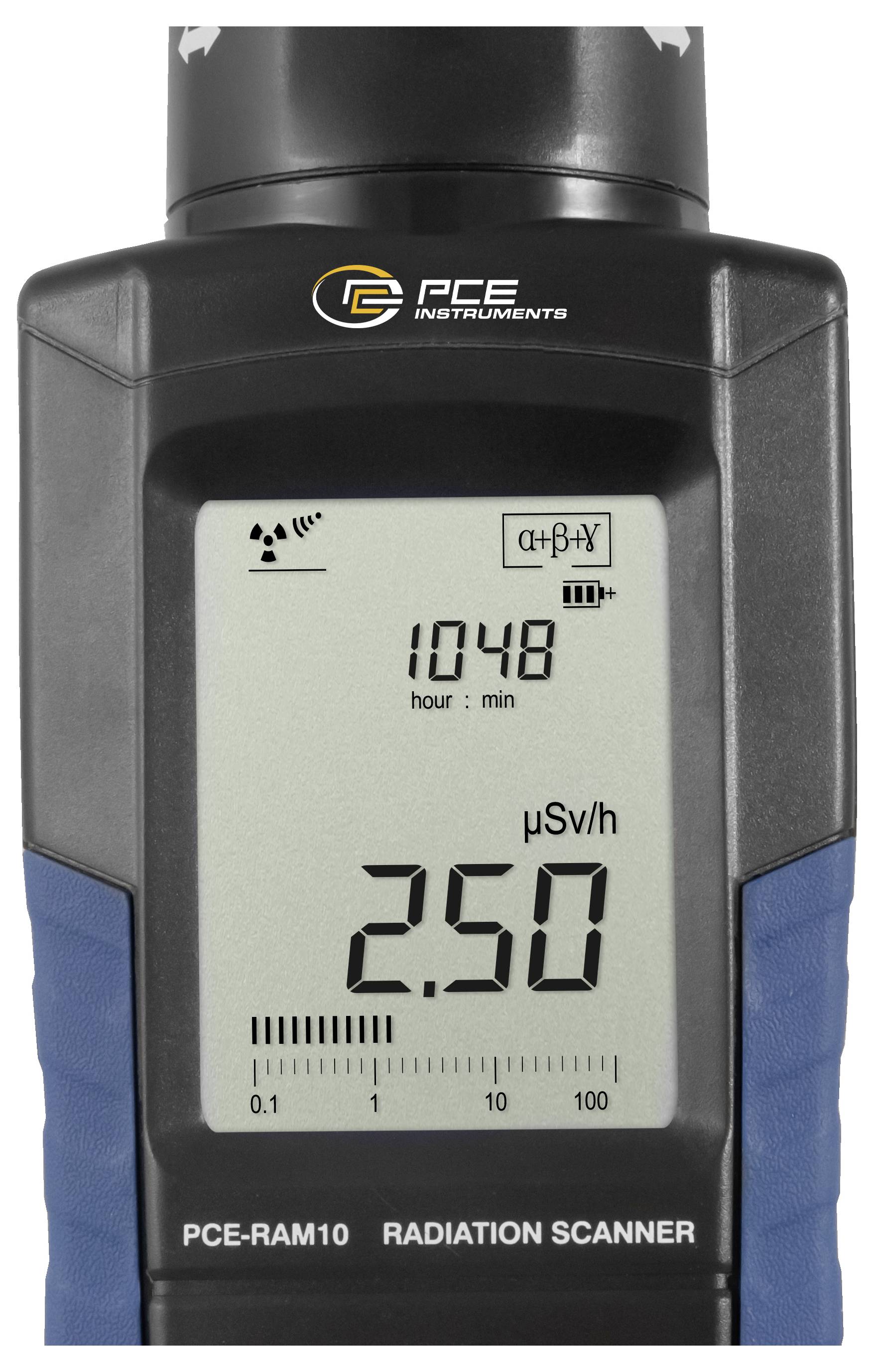 Handheld PCE-stralingscanner die 2.50 µSv/h en 10:48 op een digitaal scherm weergeeft.