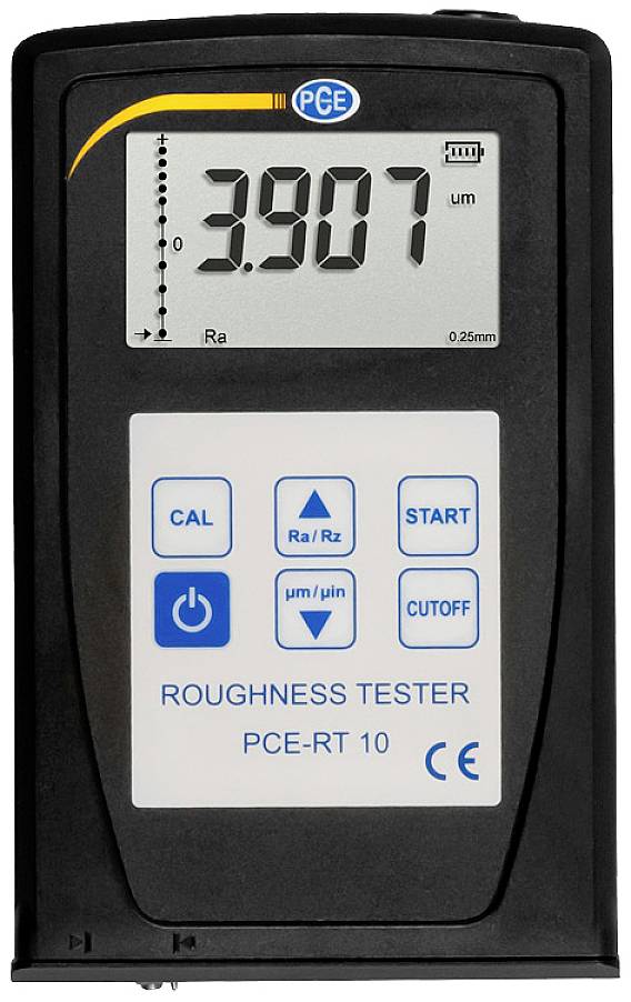 Een ruwheidsmeetsysteem met numeriek display toont '3,907 µm'. Toetsen voor kalibratie, start, stop en instelling van ruwheidswaarde.