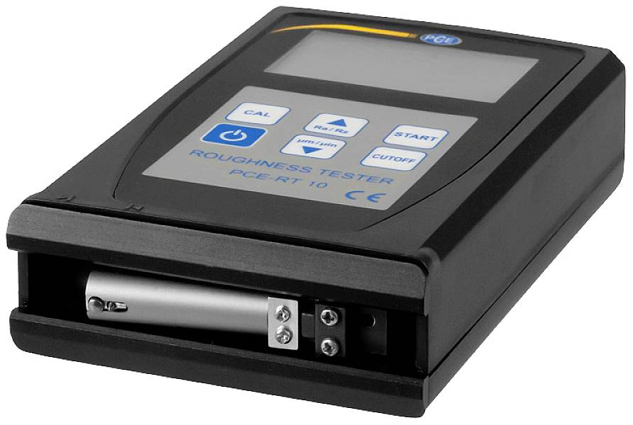 Een handmatig meetinstrument voor het meten van oppervlakteruwheid, voorzien van een display en meerdere toetsen voor kalibratie en meting.