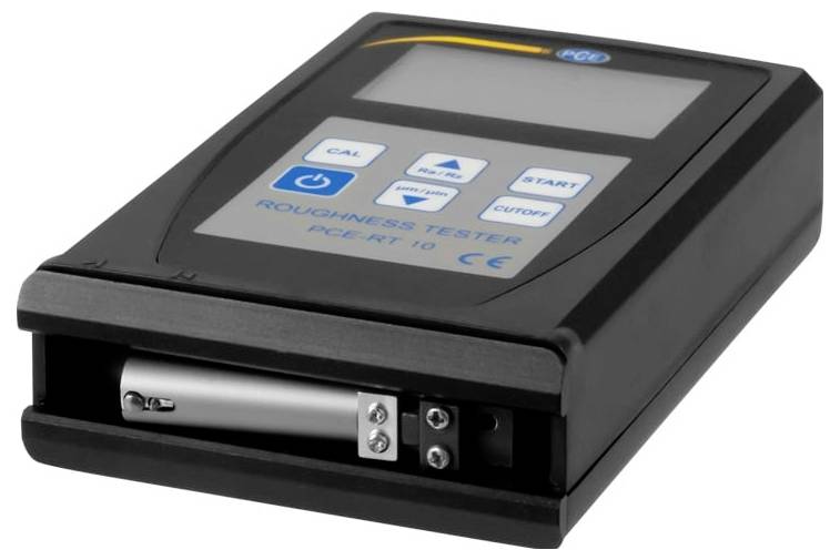 Handheld oppervlakteruwheid-meetapparaat met display en bedieningsknoppen, met een probe/toegangsopening aan de voorzijde.