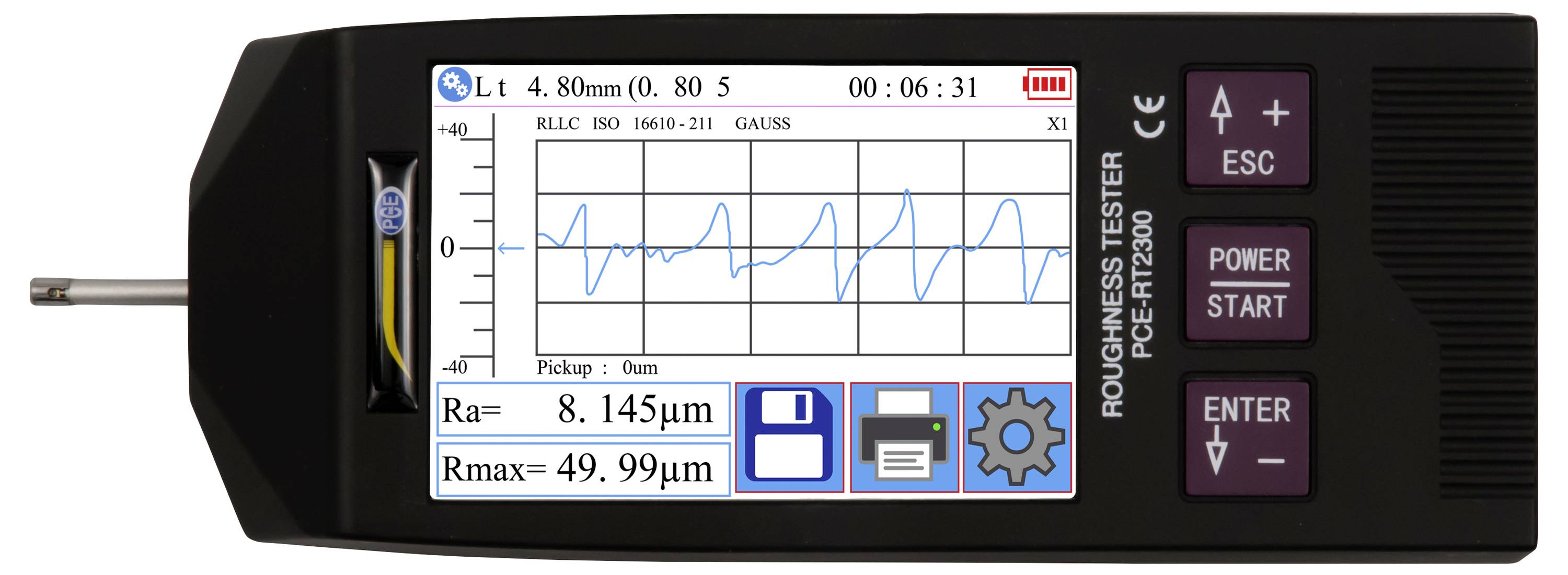 Digitale ruwheidsmeters met een blauwe profielgrafiek en aflezingen Ra 8,145 µm en Rmax 49,99 µm, met start-, enter- en ESC-knoppen.