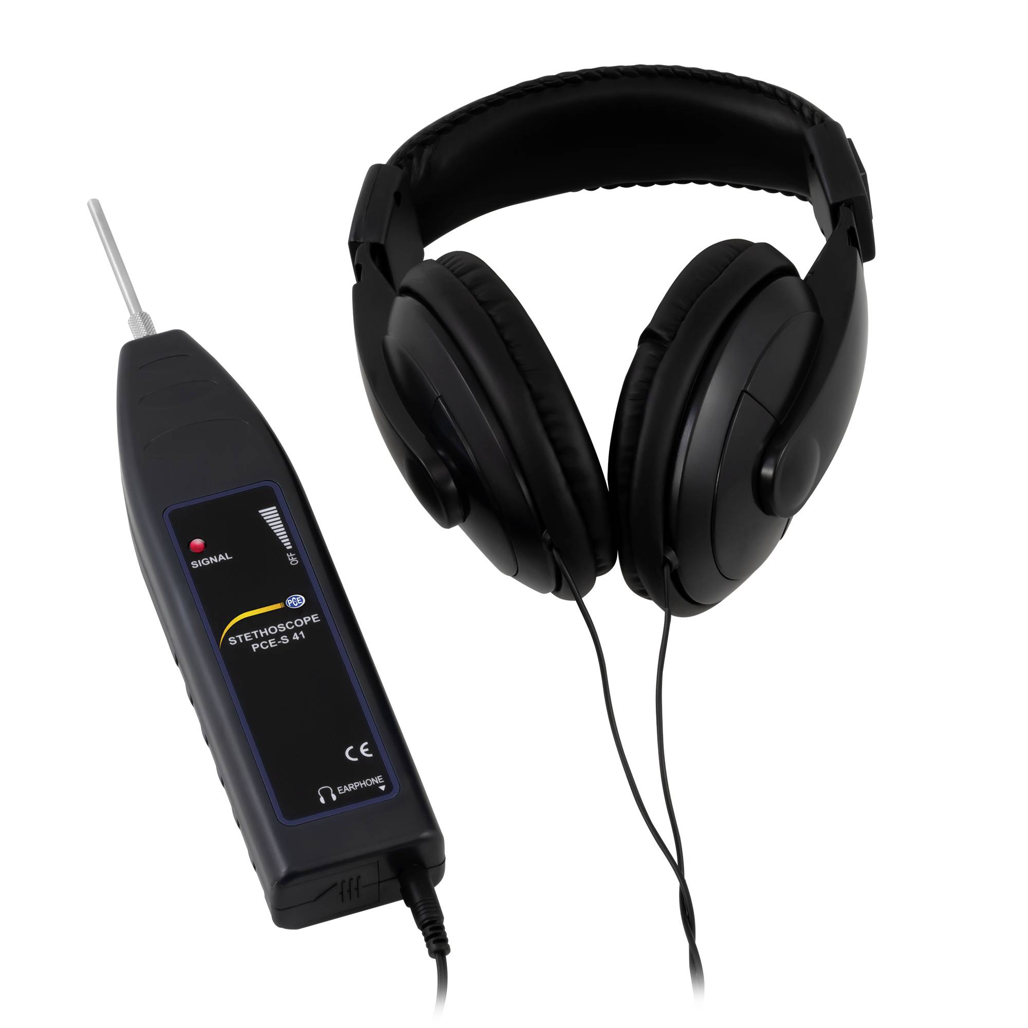 Zwarte over-ear koptelefoon verbonden met een draad met een handheld elektronisch stethoscoopapparaat met sonde en indicatielampje op een witte achtergrond.