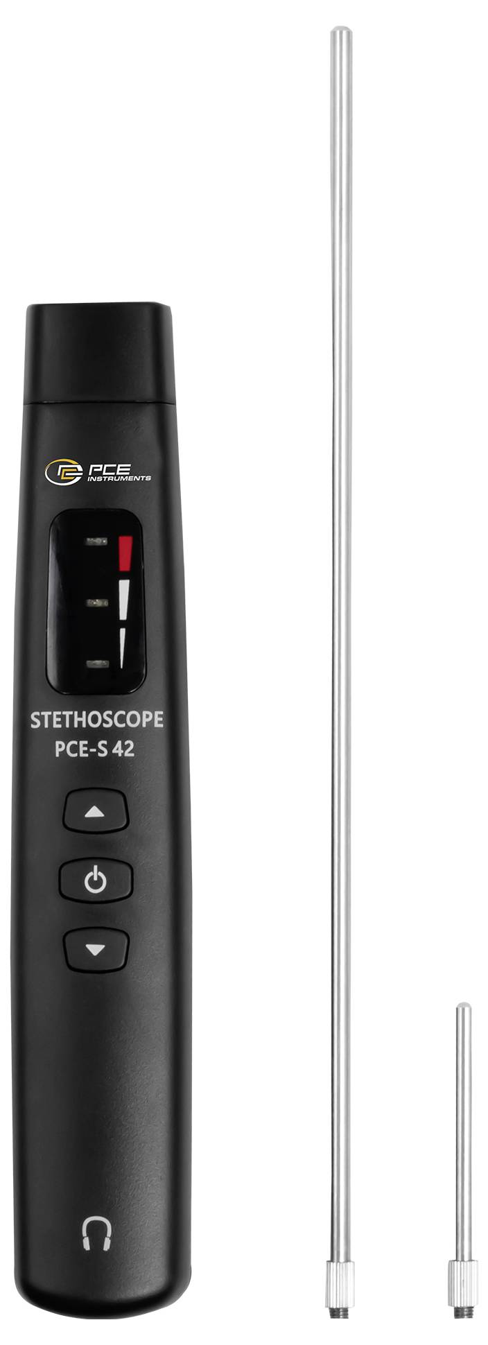 Zwarte PCE-S 42 stethoscoopapparaat met drie-knops bedieningselementen en display, weergegeven naast twee metalen sondeaansluitingen op een witte achtergrond.