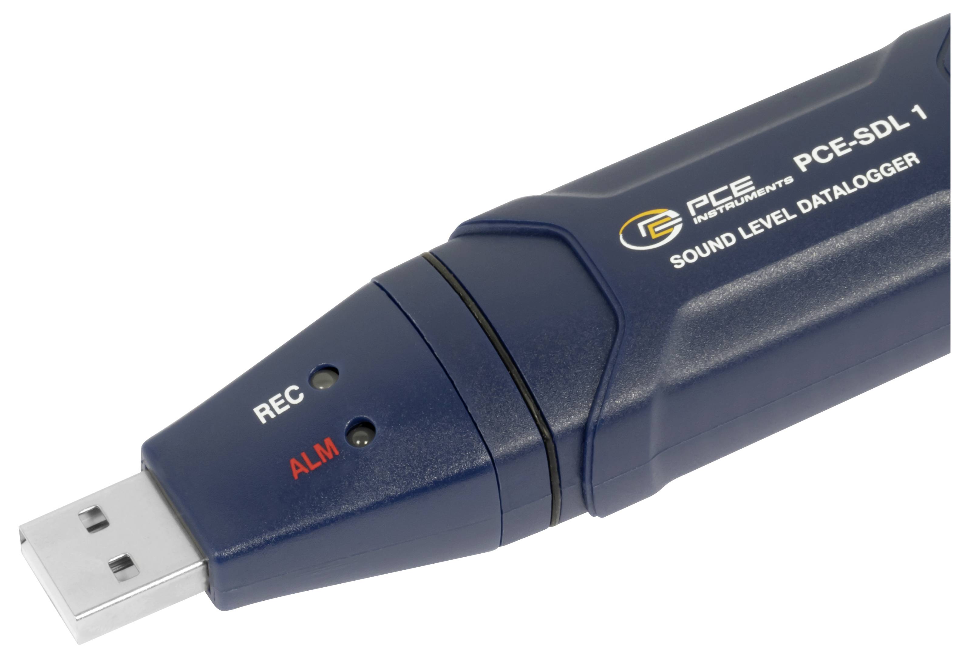 USB-geluidsniveaudatalogger met label 'PCE-SDL 1' met REC- en ALM-indicatorlampen