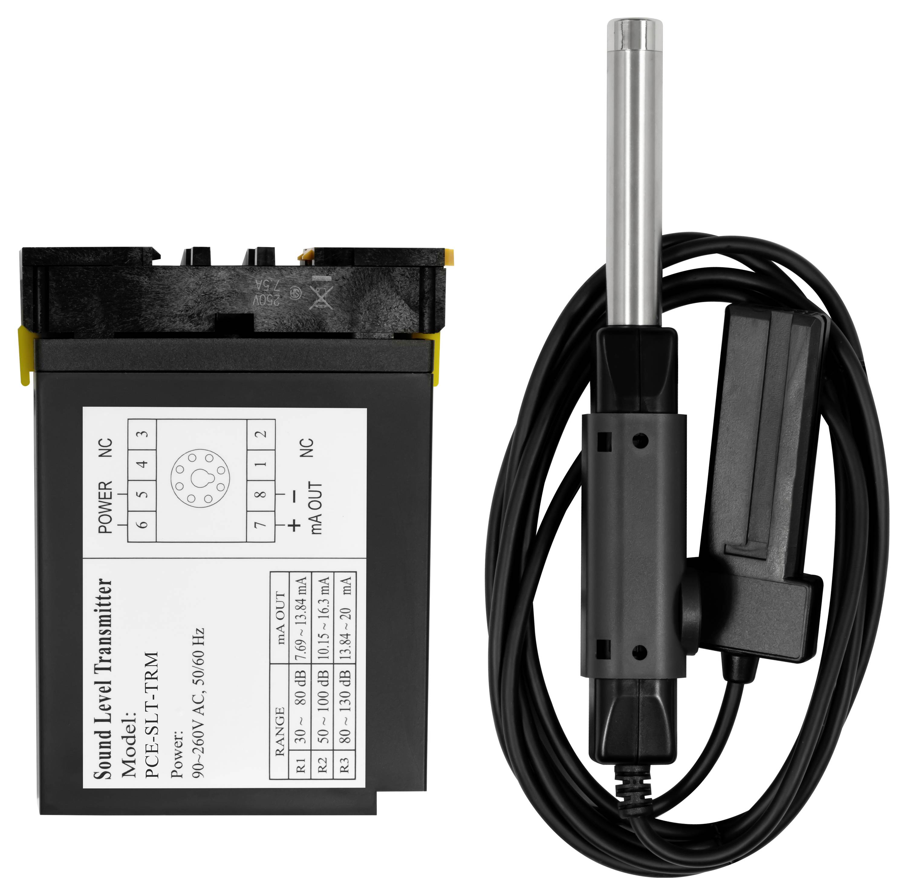 Geluidsniveautransmitter met een sondesensor en opgerold kabel, met weergave van het voorpaneel van het apparaat en bedradingsschema.