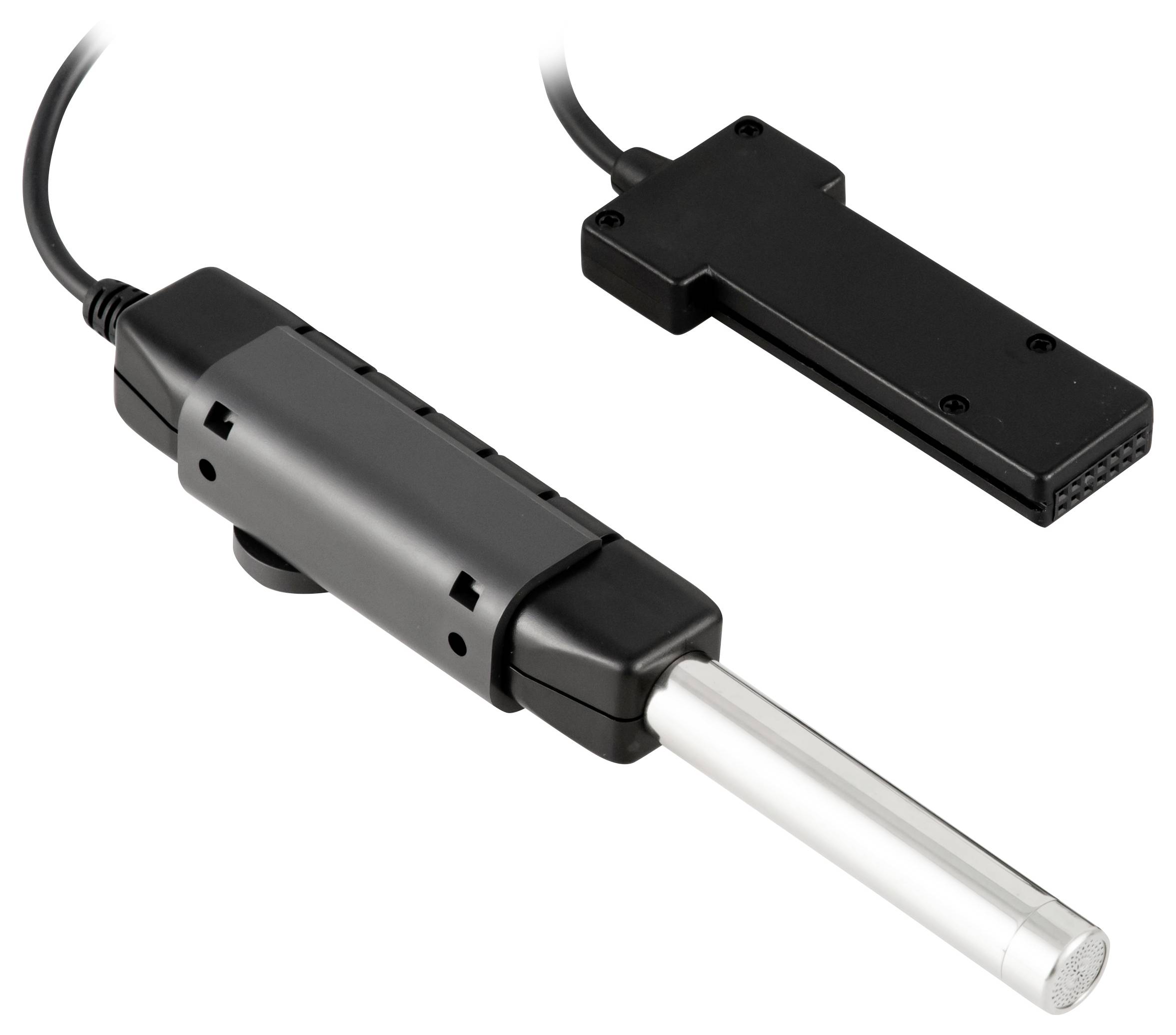 Twee zwarte elektronische sondes met draden: één cilindrische sensor met een helder uiteinde en één platte rechthoekige sonde op een witte achtergrond.