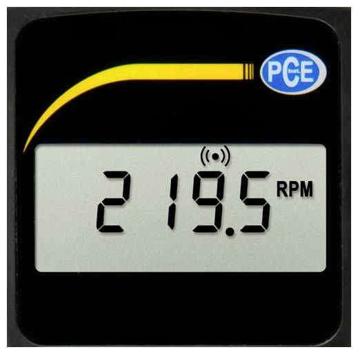 Digitale tachometerdisplay met 219,5 RPM weergegeven met draadloos signaalpictogram en PCE-logo