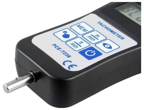 Handheld digitale tachometer met uitstekende metalen sensor, gelabeld 'TACHOMETER' en 'PCE-T236', weergegeven op een witte achtergrond.