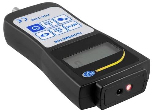 Handheld tachometer met LCD-display en knopbesturing, voorzien van een sensor/licht aan de voorkant voor het meten van de rotatietempo.
