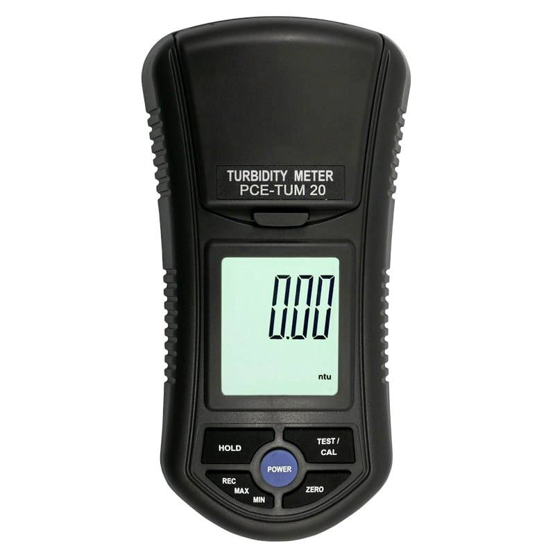 Handheld turbiditeitmeter PCE-TUM 20 met een weergave van 0,00 NTU op het display.