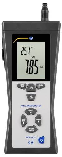 Handheld schoepanemometer die windsnelheid 7,85 m/s en temperatuur 25,1°C weergeeft op zijn digitale display.