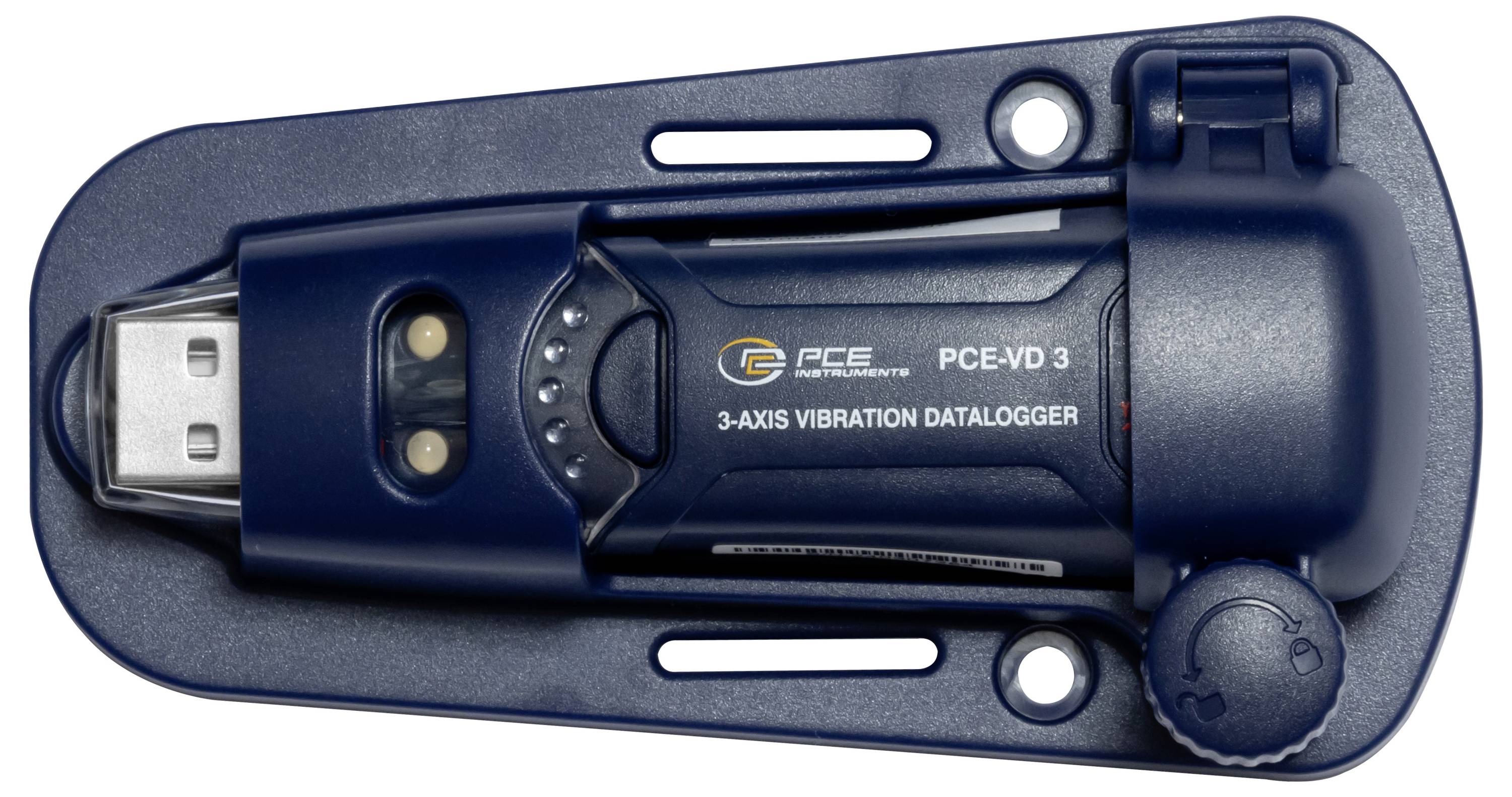 Draagbare PCE-VD 3 3-assige trillings-datalogger in een donkere beschermhoes, met zichtbare USB-connector en sensormodule.
