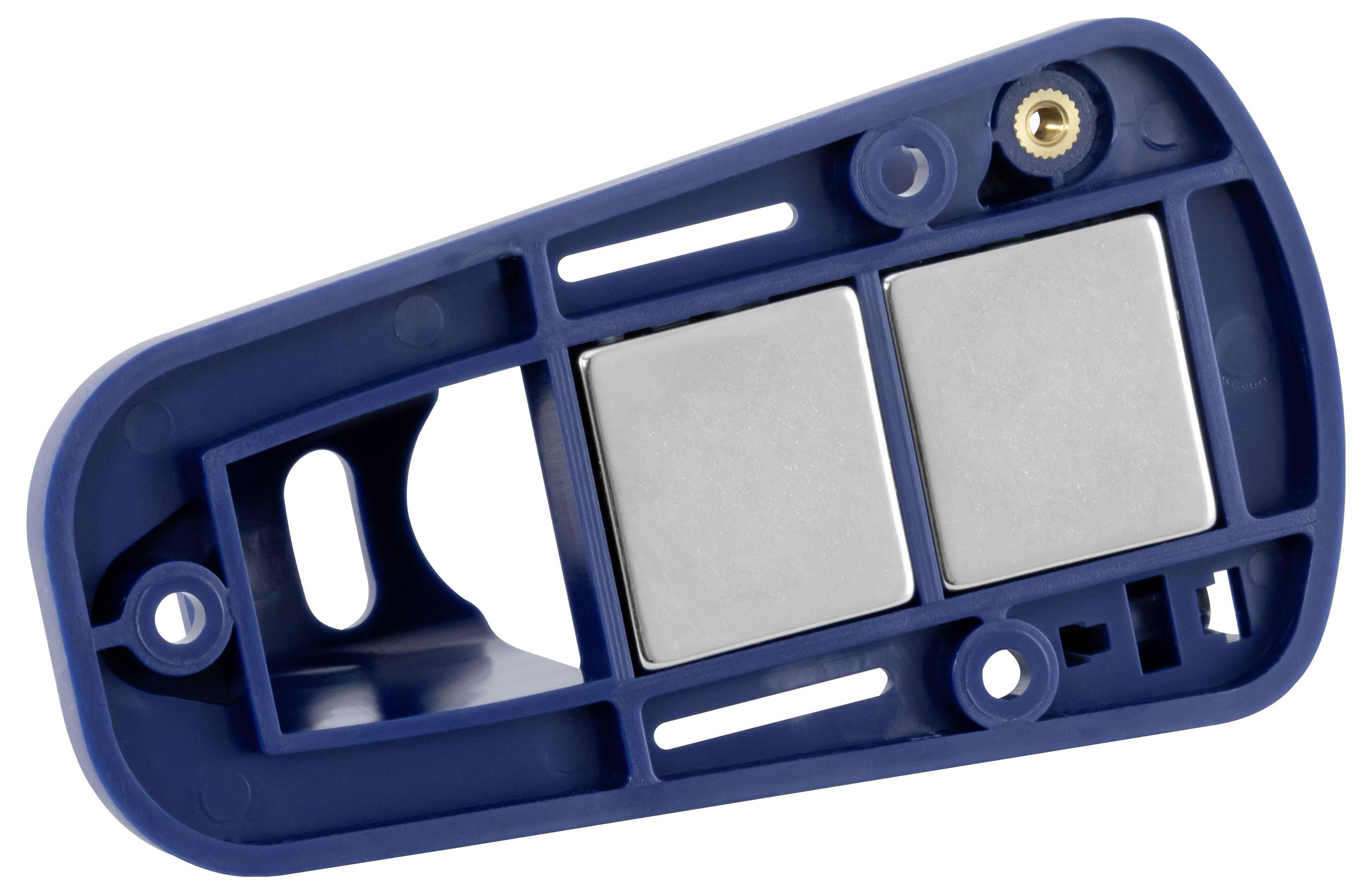 Blauw kunststof apparaatbehuizing met twee grote zilveren rechthoekige panelen, bevestigingsgaten en een messing-inzet op een witte achtergrond.