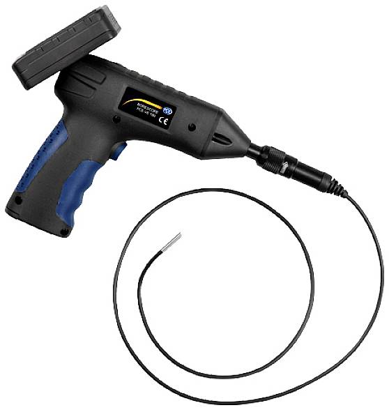 Een zwart-blauw handvideoscoop met een flexibel kabel, geschikt voor inspecties in moeilijk bereikbare gebieden.
