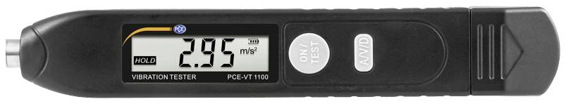 'Vibratietester PCE-VT 1100' toont 2,95 mm/s op het display. Zwart, handzaam apparaat met test- en vasthoudknop.