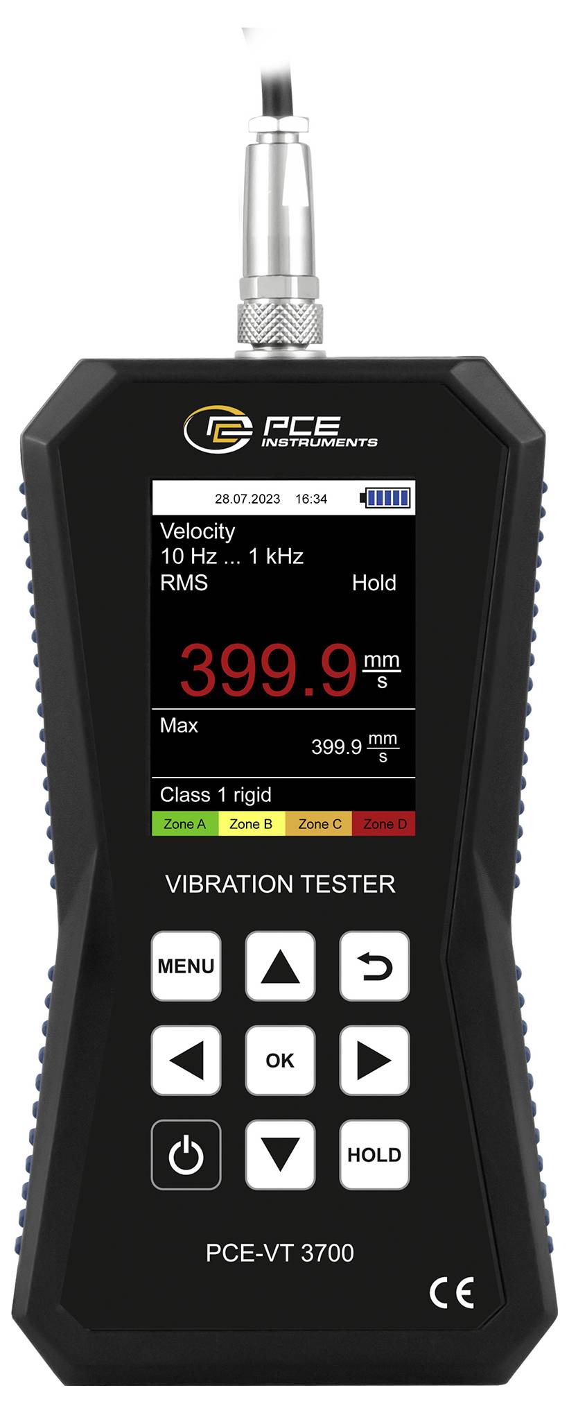 Draagbare PCE-trillingmeter met een live meting van 399,9 mm/s, met max-, klasse- en hold-indicatoren op het display.