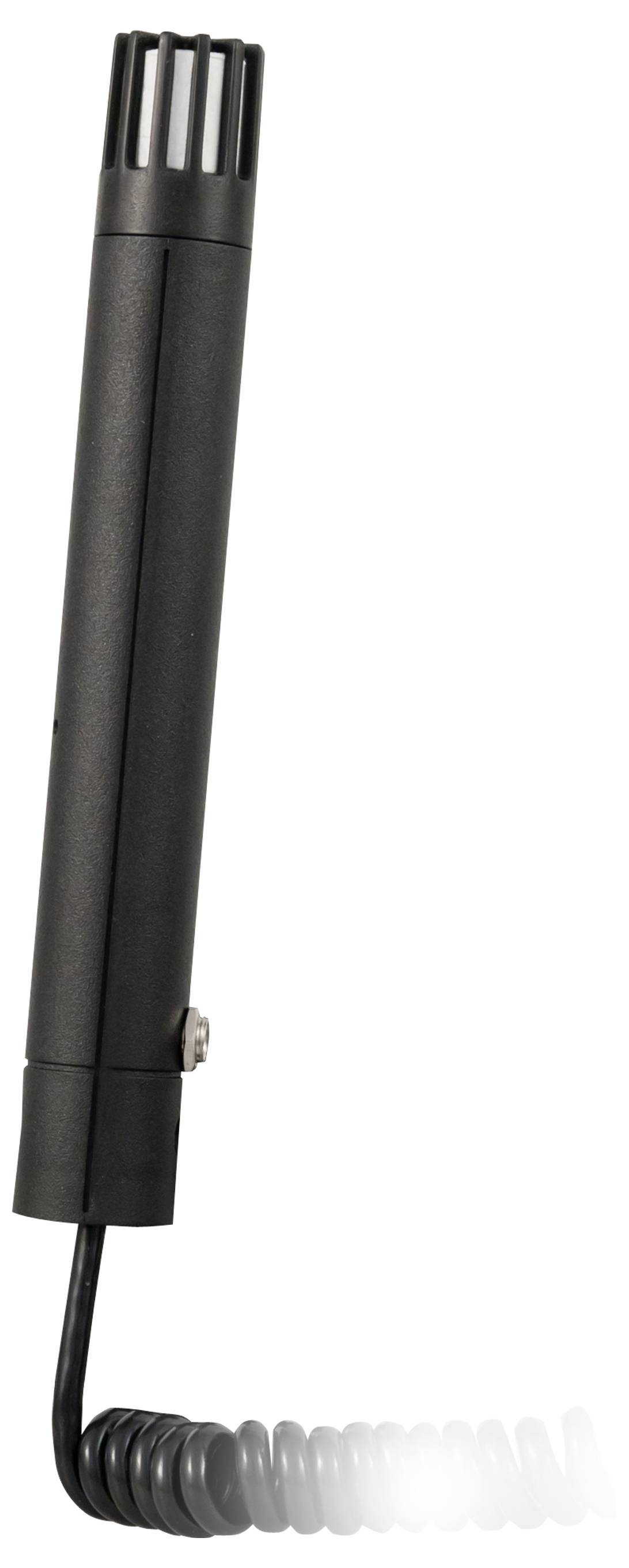 Zwarte cilindrische antenne of sensor met een opgerold kabel eraan bevestigd aan de onderkant op een witte achtergrond.