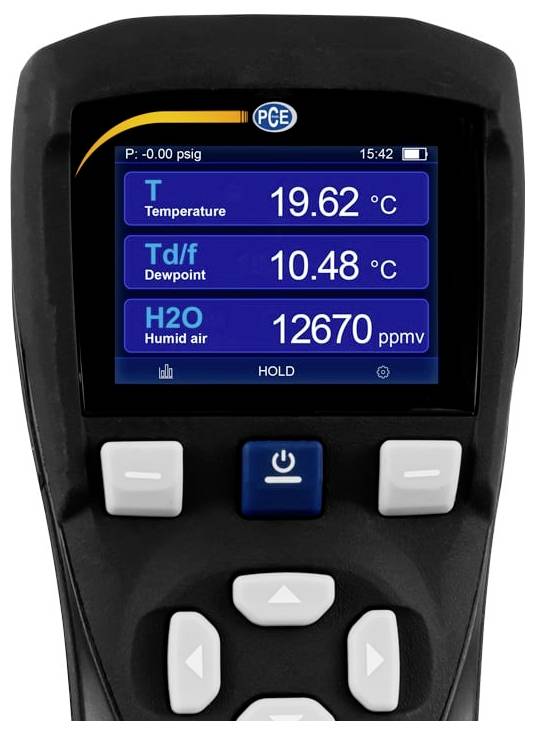 Handheld PCE vochtigheidsmeter display toont temperatuur 19,62 °C, dauwpunt 10,48 °C en luchtvochtigheid 12670 ppmv.
