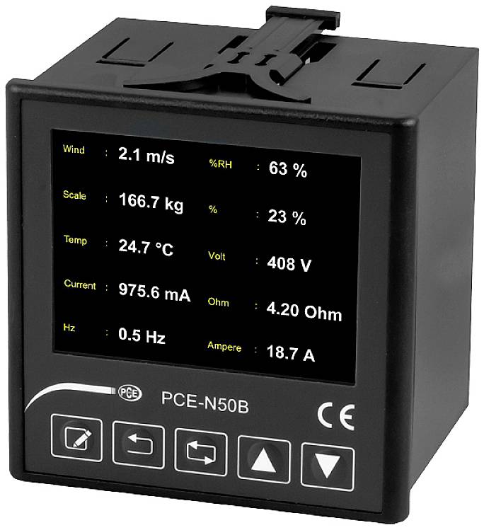 Zwart elektronisch meetapparaat met display toont windsnelheid, gewicht, temperatuur, spanning, stroomsterkte, weerstand en frequentie.