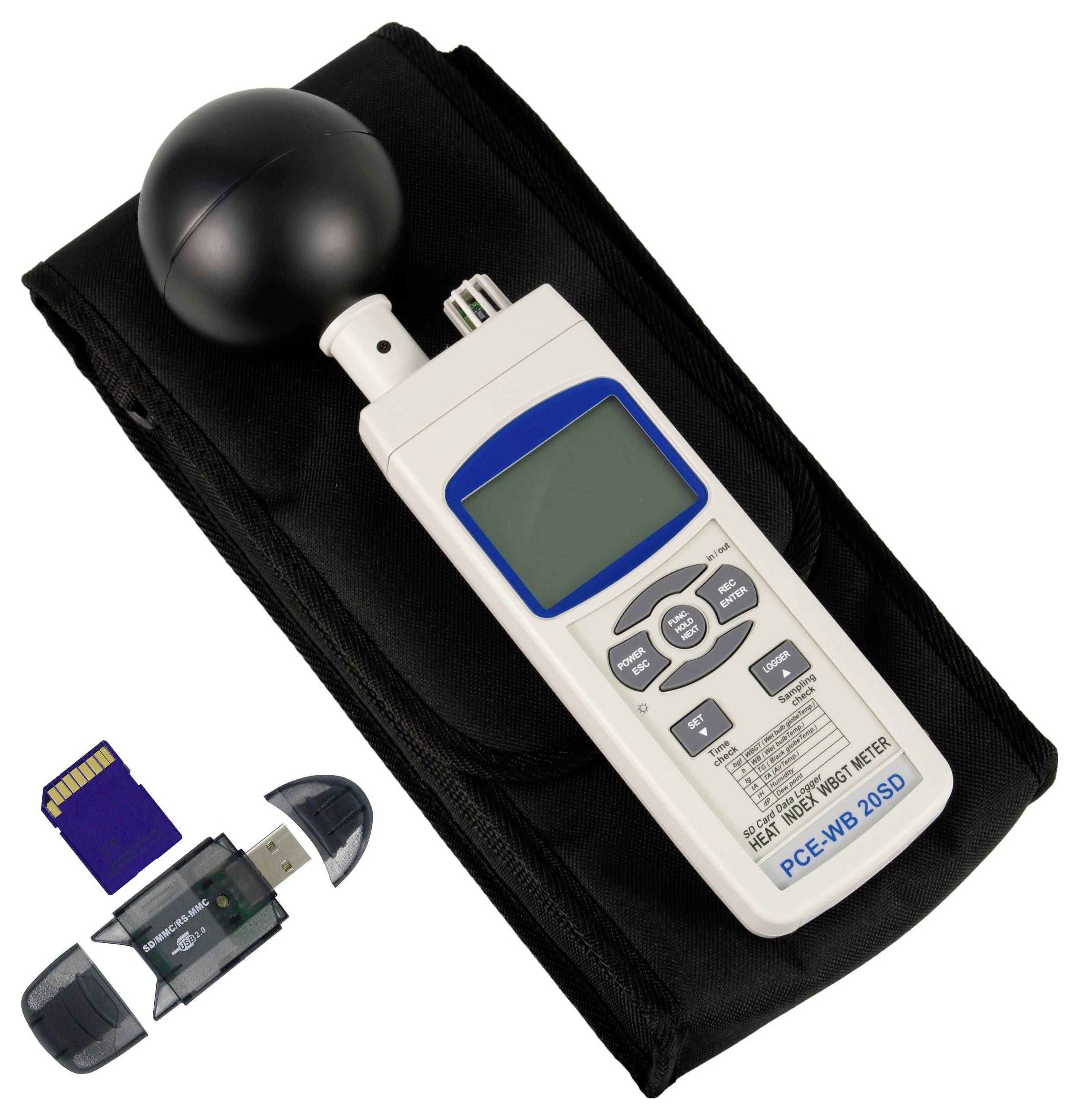 Handheld geluidsniveaumeter met windscherm en draagtas, afgebeeld met USB-kaartlezer en SD-kaartadapter.