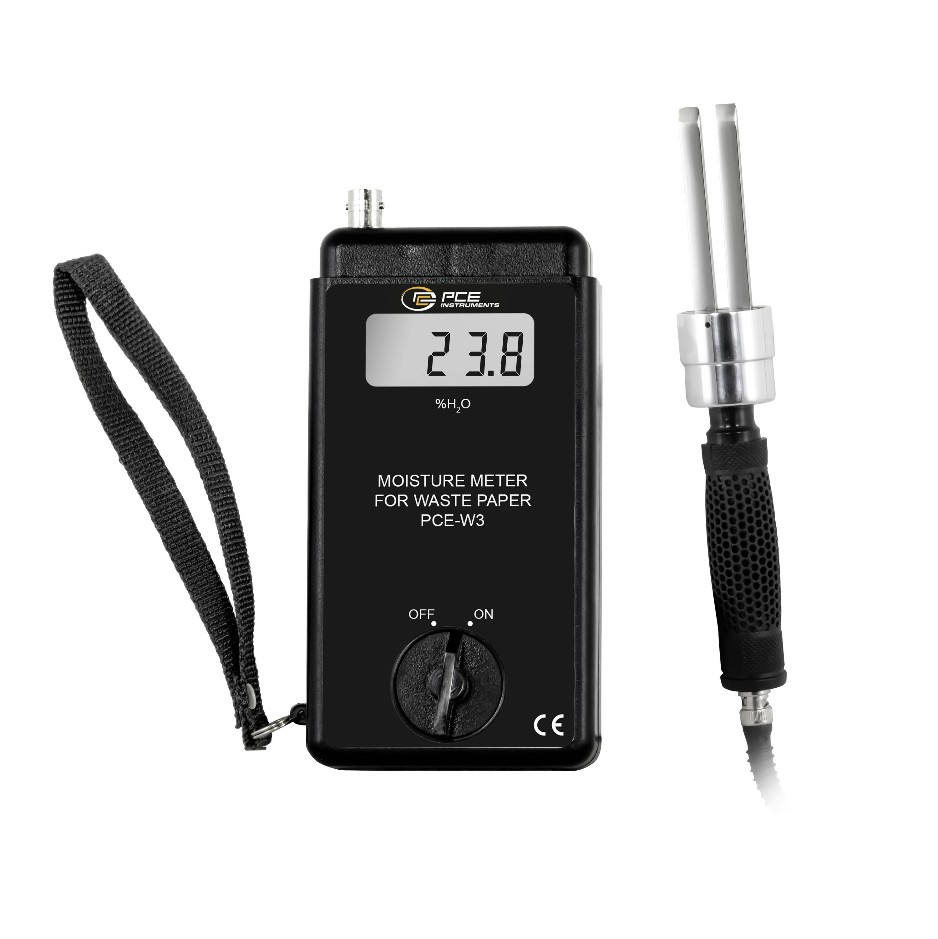 Handheld vochtmeter voor afvalpapier met weergave van 23,8% H2O, met sonde en polsband.