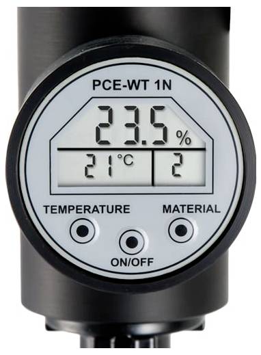 Digitale temperatuur- en materiaal meter gelabeld 'PCE-WT 1N' toont 23,5%, 21°C en 2 op een rond display met temperatuur-, materiaal- en aan/uit-knoppen.