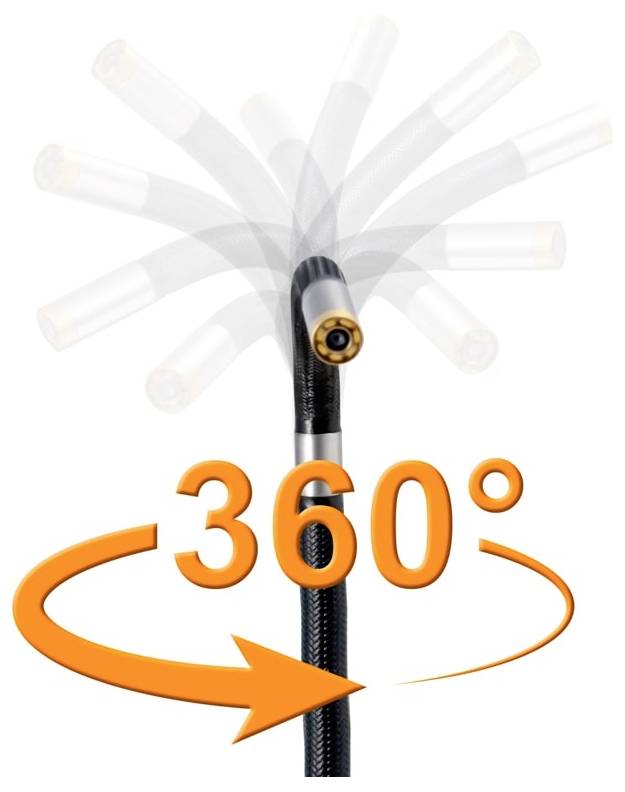 Zaklamp met 360-graden zwenkbaar kopje dat volledige rotatie rond de bovenkant van een zwarte zaklamp of tonfa toont