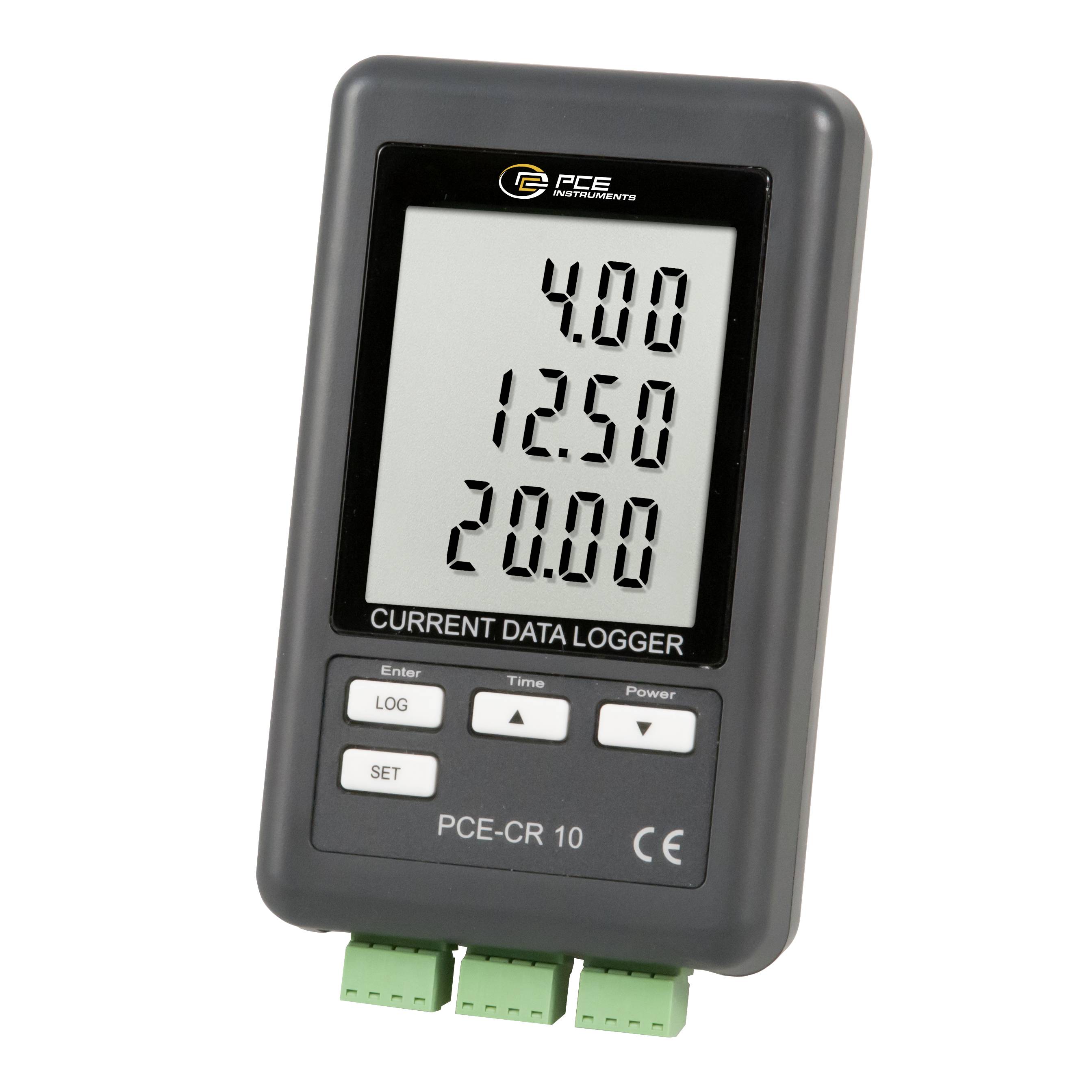 Draagbare stroommeter met gegevenslogger toont aflezingen van 4,00, 12,50 en 20,00 op het display.