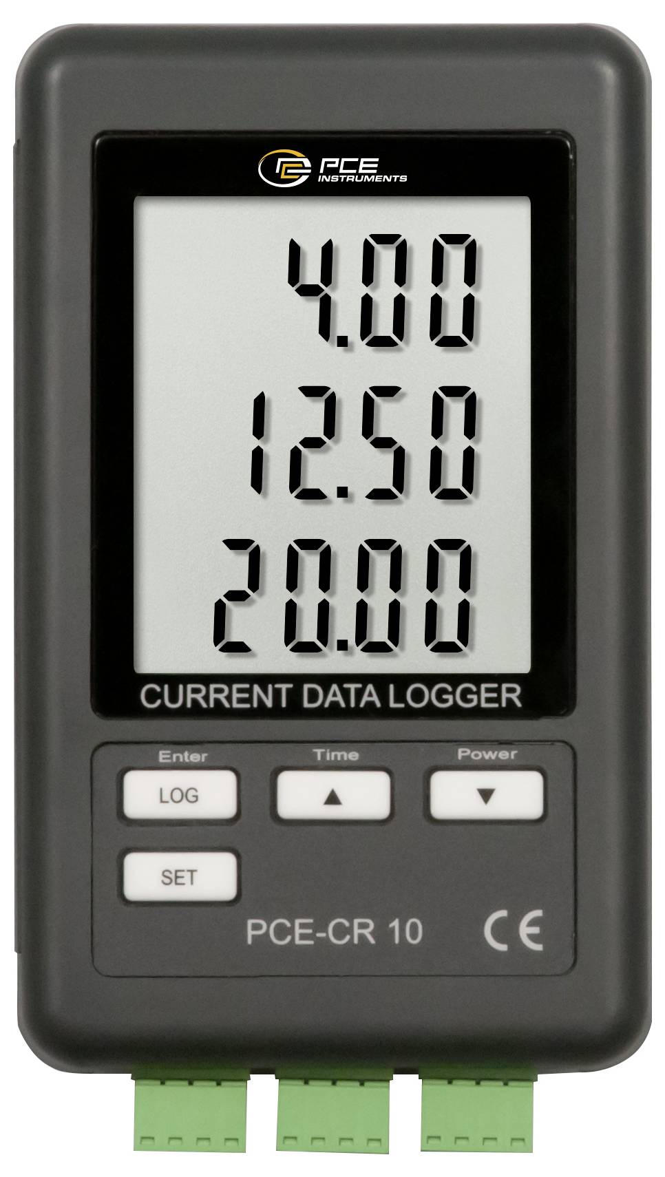 PCE-Cr 10 datalogger voor stroomsterkte met drie weergegeven waarden: 4.00, 12.50 en 20.00, met knoppen voor log, set, time en power.