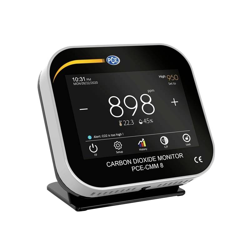 Kooldioxide-monitor toont 898 ppm aan met een waarschuwing dat CO2 te hoog is.