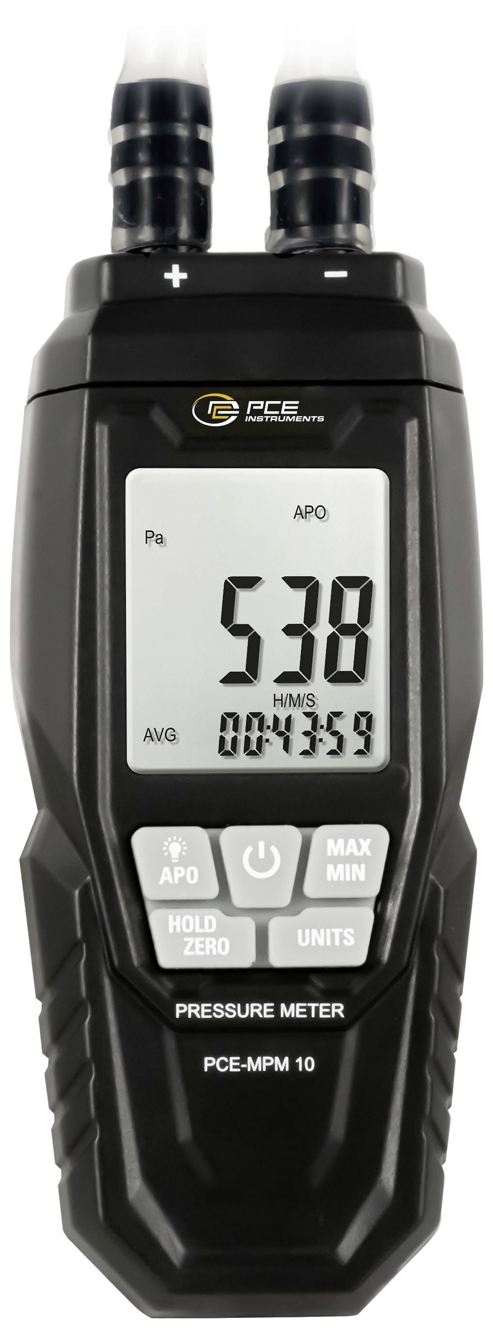 Handheld digitale drukmeter met weergave van 5,38 Pa, gemiddelde 004359 en knoppen voor hold/zero, eenheden en max/min.